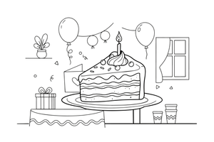 A slice of birthday cake on a plate – Birthday Cake Wishes coloring page