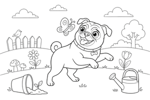 Pug chasing a butterfly – Playful Pug Dog coloring page