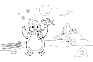 A penguin catching a fish – Penguin Arctic Adventure coloring page