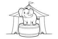 A friendly circus elephant standing on a round tub – Colorful Circus Tent coloring page