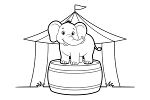 A friendly circus elephant standing on a round tub – Colorful Circus Tent coloring page