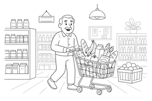 Old man pushing a shopping cart full of groceries – Cozy Grocery Store coloring page