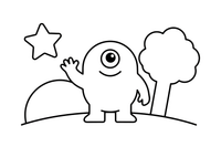 A friendly round alien with one big eye, smiling and waving – Friendly Alien coloring page