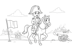 A short general in a big two-cornered hat with one hand tucked into his coat, on a horse (Napoleon) – Historic People Around the World coloring page