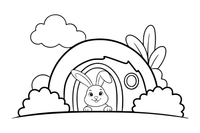A rabbit peeking out of its little house – Rabbit coloring page
