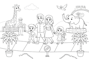 A family walking through the zoo – Zoo Day coloring page