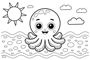 A happy baby octopus with a big round head and a smile among the waves – Octopus coloring page