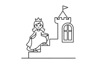 A princess in a crown lifting her long gown as she climbs a castle staircase – Enchanted Magic Folk Fairytale Characters coloring page