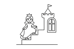 A princess in a crown lifting her long gown as she climbs a castle staircase – Enchanted Magic Folk Fairytale Characters coloring page