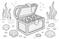 An open treasure chest full of gold coins and gems on the sea floor – Shells & Treasures Collection coloring page