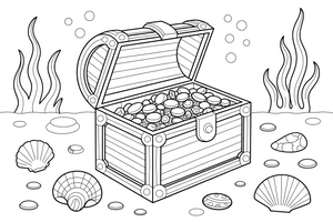 An open treasure chest full of gold coins and gems on the sea floor – Shells & Treasures Collection coloring page