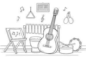 An acoustic guitar leaning against a wall – Musical Instruments coloring page