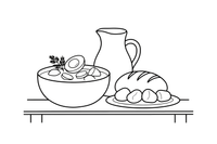 A bowl of cold soup with a half of a boiled egg and a sprig of dill on top, a small plate of potatoes beside it – Traditional Lithuanian Food coloring page