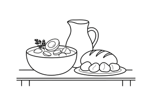 A bowl of cold soup with a half of a boiled egg and a sprig of dill on top, a small plate of potatoes beside it – Traditional Lithuanian Food coloring page