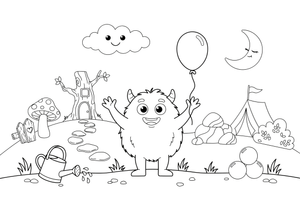A fluffy round monster covered in soft fur, holding a balloon – Monsters coloring page