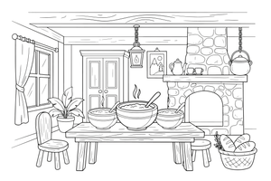 Three bowls of porridge on the table: a big one, a middle one and a little one – Goldilocks and the Three Bears Story coloring page