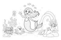 Mermaid playing near an underwater cave – Mystical Mermaid coloring page