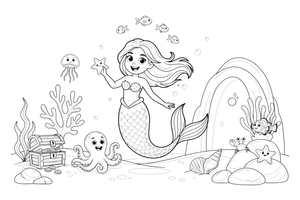Mermaid playing near an underwater cave – Mystical Mermaid coloring page