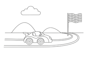 A race car zooming around a track with a checkered flag ahead – Different cars coloring page
