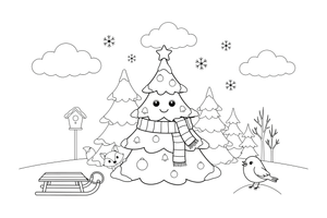 A snowy Christmas tree in the forest – Christmas tree coloring page