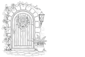 A close-up of a stone cottage door with a wreath and a lantern – Cottages coloring page