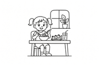 A girl eating breakfast with cereal and fruit – Daily Routine Activities coloring page