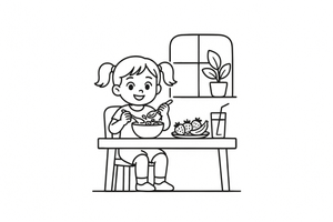 A girl eating breakfast with cereal and fruit – Daily Routine Activities coloring page