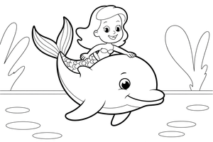 Mermaid riding on a friendly dolphin – Mermaid Magical Moments coloring page