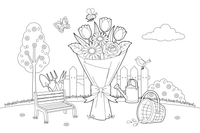 A wrapped bouquet with a big bow, ready to give – Spring Bouquet Flower coloring page