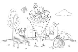 A wrapped bouquet with a big bow, ready to give – Spring Bouquet Flower coloring page
