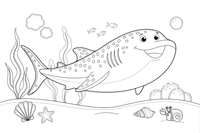A whale shark with a big spotted body (spots outlined, no fill) swimming – Curious Shark coloring page
