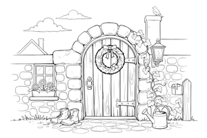 A close-up of a stone cottage door with a wreath and a lantern – Cottages coloring page