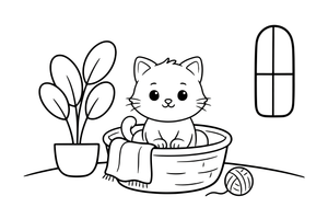 A fluffy baby kitten sitting in a cozy little basket – Baby Animal Pet coloring page