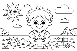 A happy child building a sandcastle at the sunny beach – Four Seasons coloring page