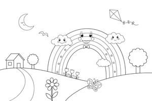 A big rainbow arching across the sky with a few clouds – Rainbow coloring page