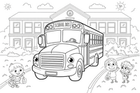 A school bus in front of the school – School coloring page