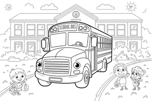 A school bus in front of the school – School coloring page