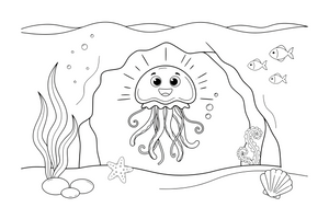 A jellyfish glowing softly near a dark underwater cave (glow shown as simple lines, no fill) – Glowing Jellyfish coloring page