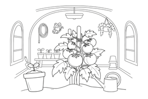 Tomatoes ripening on the vine in a greenhouse – Garden & Gardening coloring page