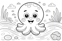 A happy baby octopus with a big round head and a smile among the waves – Octopus coloring page