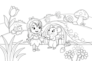 The tiny girl meeting a kind field mouse at a little round door – Thumbelina Story coloring page