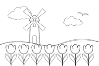 A windmill next to a field of tulips – Windmill coloring page