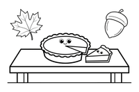 A pumpkin pie with a slice cut out on a table – Thanksgiving Autumn coloring page