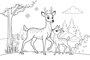 A mama deer with her little fawn – Playful Deer in Wild coloring page
