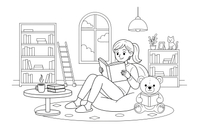 A woman reading a big open book on a beanbag – Cozy Library Place coloring page
