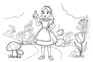 Alice holding a little bottle labeled with a heart – Alice in Wonderland Story coloring page