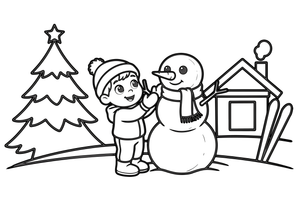 A child building a snowman with a carrot nose and a scarf – Charming Ski Resort Place coloring page
