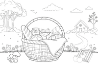 One big basket full of bread and treats with a cloth on top, close up – Little Red Riding Hood Story coloring page