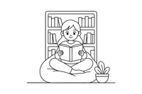 A woman reading a big open book on a beanbag – Cozy Library Place coloring page