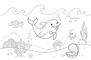 A dolphin swimming near a coral reef – Playful Dolphin Creature coloring page